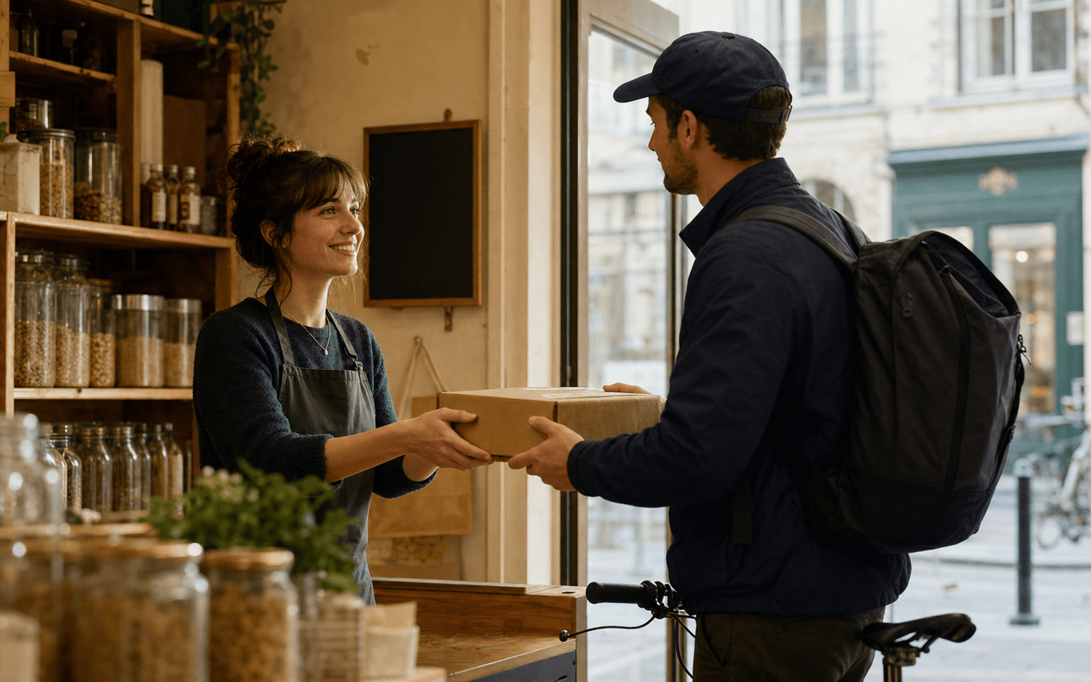 Une commerçante remet un colis à un coursier de quartier
