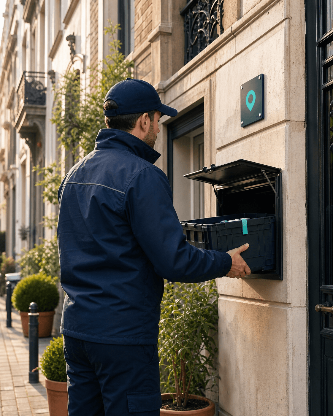 Un coursier dépose un colis dans un point sécurisé