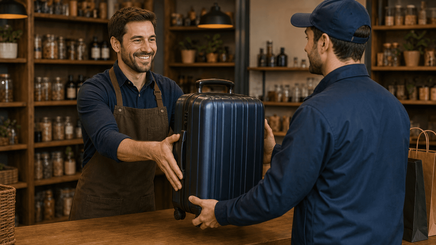 Un livreur Convecta récupère un bagage dans un SafeDrop Pro